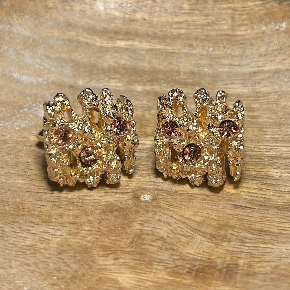 Vintage Swank Nugget & Rhinestone Gold Tone Cufflinks.